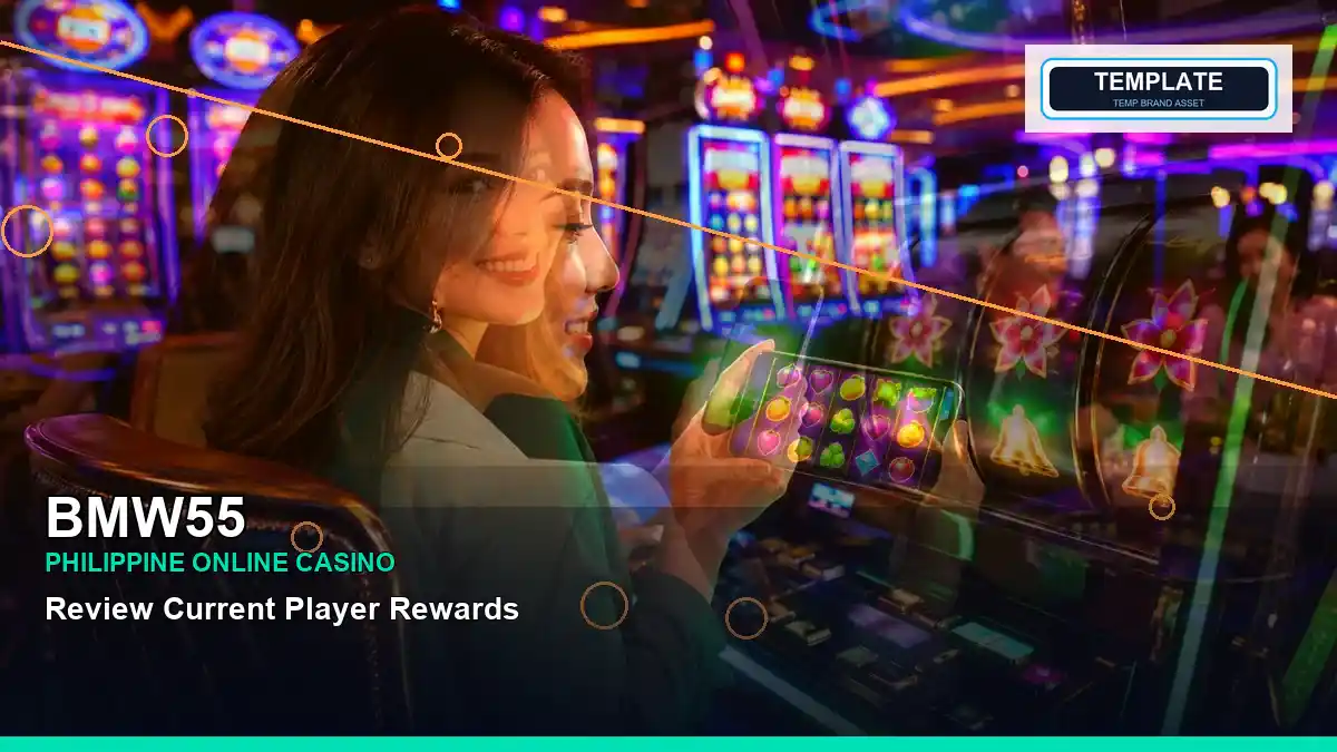 BMW55 Philippine casino guide with layered slot-game artwork and an adult Filipina host