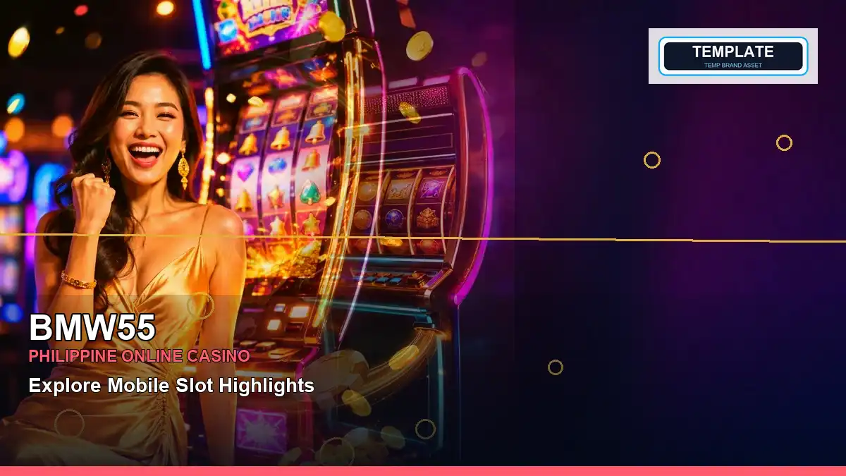 BMW55 luxury online slot image featuring an adult Filipina casino host in a left-focused close-up composition